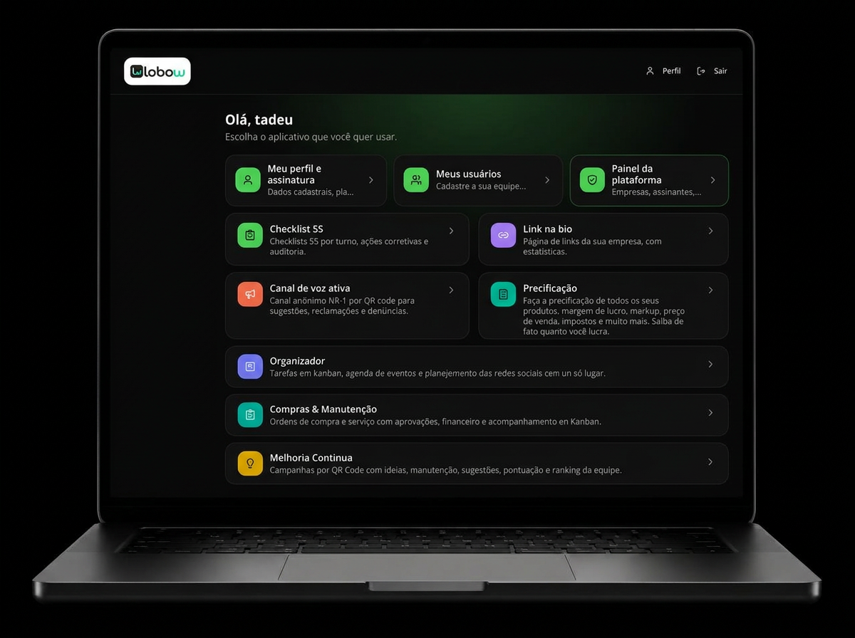 Painel do Lobow aberto em um notebook, com indicadores e checklists
